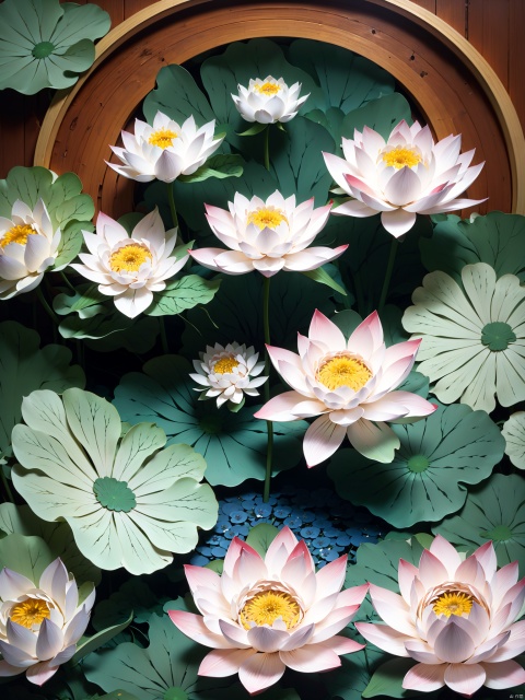 Lotus, big lotus, big lotus petals, densely packed large lotus leaves and big lotus flowers, a small boat in the lotus pond. The girl sits on the wooden boat with her head lowered and eyebrows lowered, her left hand protruding from the white lotus petals, and her right hand carrying her back. The huge white lotus petals make up the top, with neat curled hair and a ball shaped head, without any broken hair. The light blue silk long skirt, which is 2 meters long, sways in the wind and floats in the air, Paper Cuttings style,