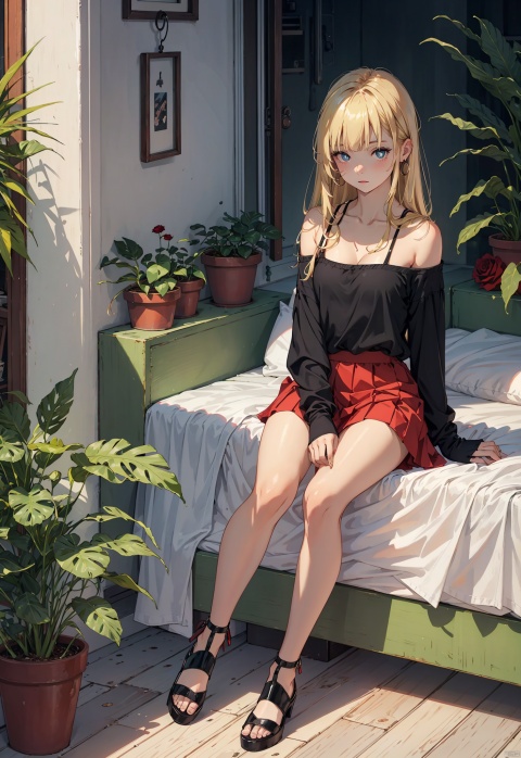 Beautiful figure, bangs, long hair, black eye,night, sitting in the room, bedroom, interior design, indoor plants, outdoor view, blonde hair, rose red pupils, girl, full body photo, leg rings, black top, long hem, covering hands, red skirt, short hem, revealing collarbone, off the shoulder, small leather shoes
