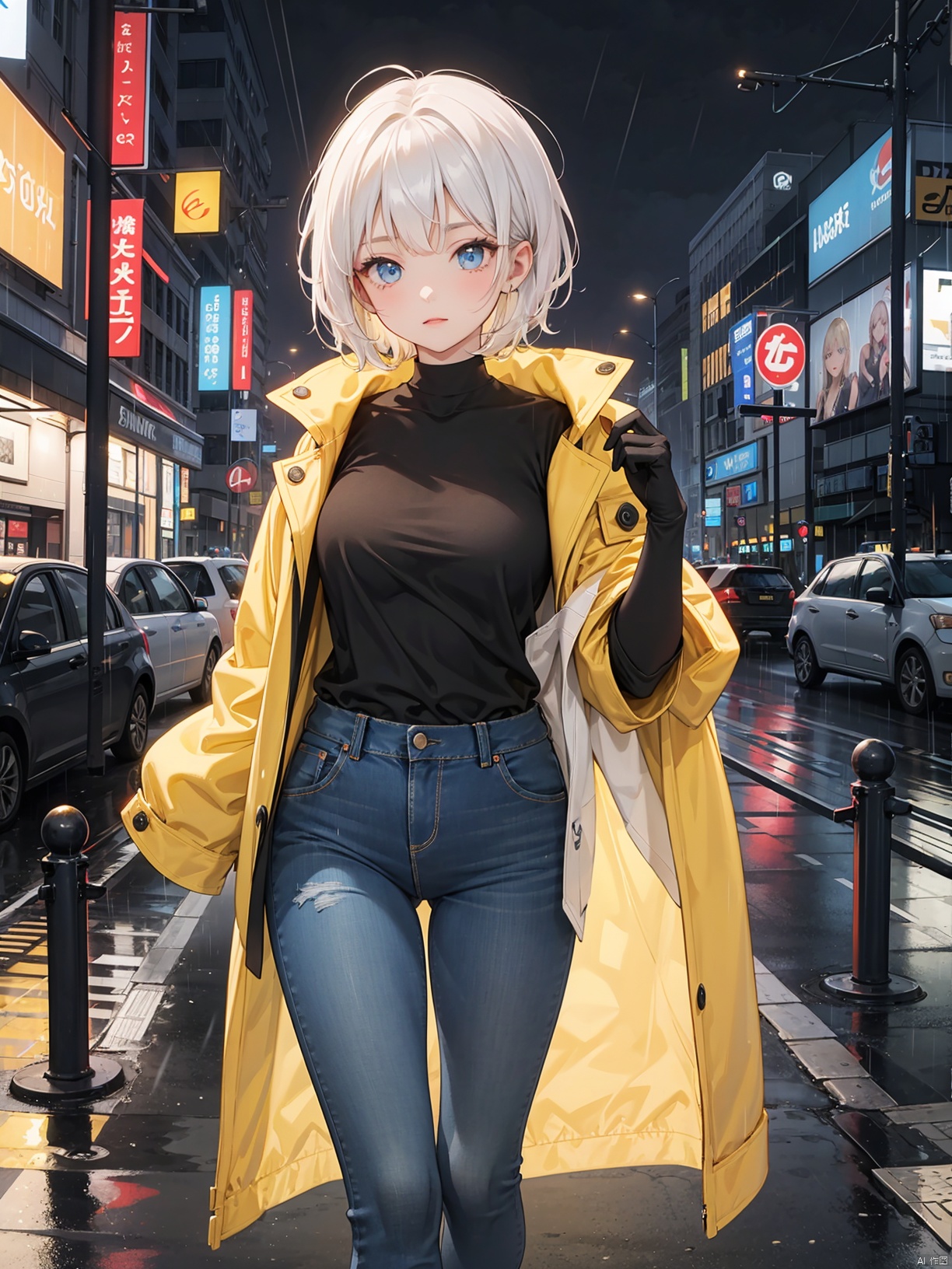  Golden short hair, girl, tall, blue eyes, thin, very tall, with a yellow and black coat, uniform, white shirt, jeans, black gloves, night, heavy rain