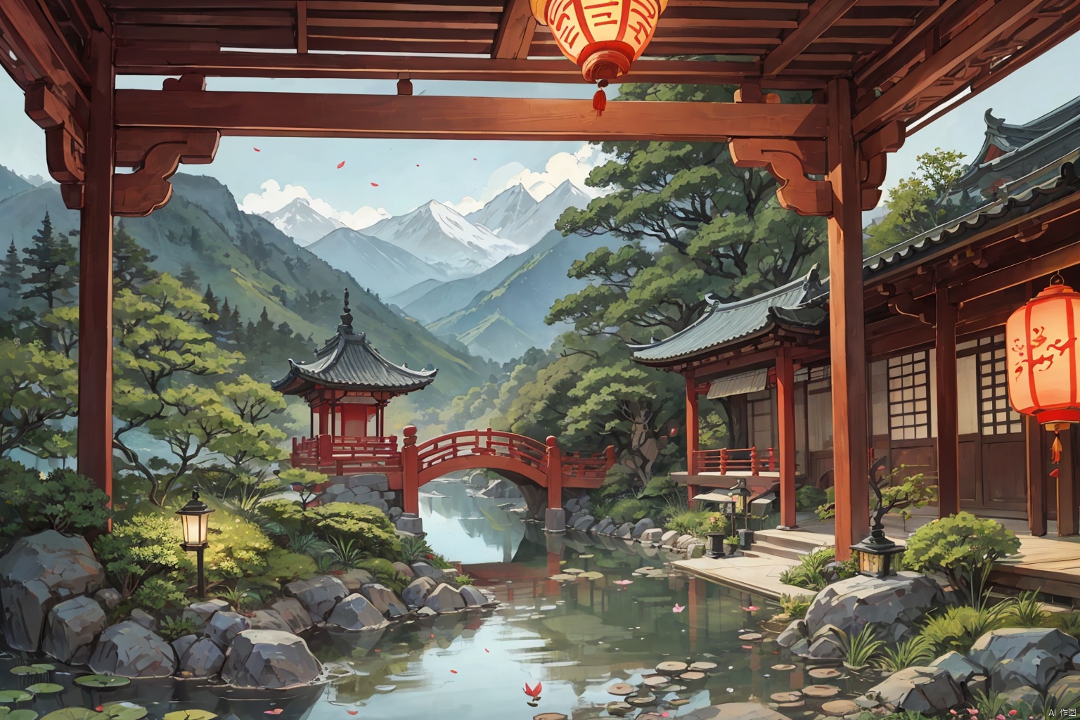 illustration, Chinese architecture, Chinese garden, pavilions, towers, traditional buildings, bridges, water features:0.95, greenery, mountains, peaceful atmosphere:1.3, wooden structures, rocks and stones, waterfalls, natural color scheme, traditional clothing, plum blossom, lotus, bamboo, dragon, phoenix, peacock, lanterns, traditional art styles, calligraphy, ink painting, courtyards, moon gates, winding paths, rock gardens, koi ponds, red lanterns, cultural motifs, sculptures, traditional musical instruments, tea houses, bonsai trees, terraces, bamboo fences.