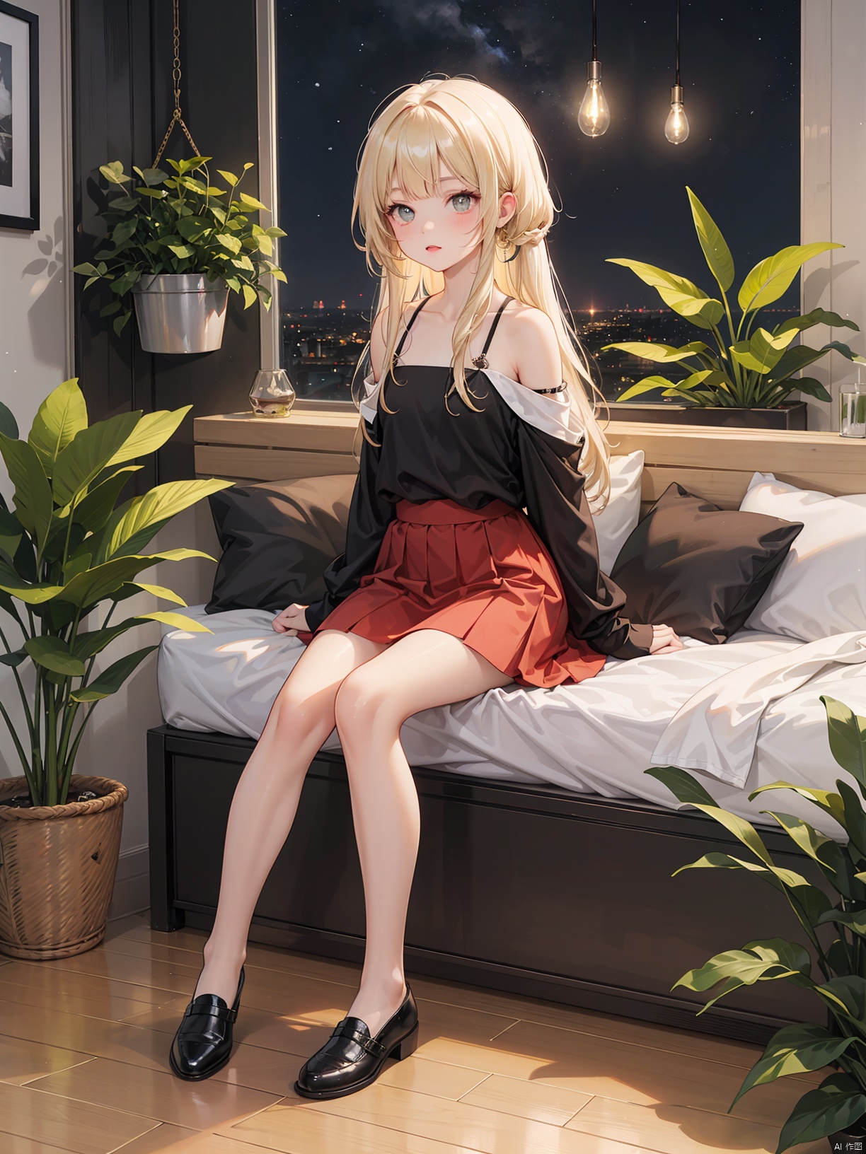 Beautiful figure, bangs, long hair, black eye,night, sitting in the room, bedroom, interior design, indoor plants, outdoor view, blonde hair, rose red pupils, girl, full body photo, leg rings, black top, long hem, covering hands, red skirt, short hem, revealing collarbone, off the shoulder, small leather shoes
