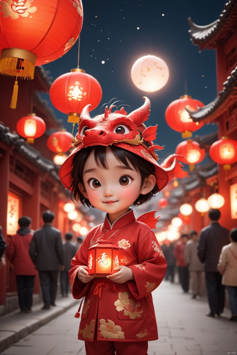  Spring Festival, the red theme, the atmosphere of the spring festival, the little girl wearing a dragon hat, sitting on a red Chinese dragon, the little girl in the blessing, fireworks in the night sky, the night sky dyed colorful. Red Lanterns hung on either side of the window, a festive atmosphere. The bustling crowds on the streets, full of excitement and joy and excitement, celebrate the festival. High-definition artwork, New Year&#039;s Eve, fireworks in the night sky, Red Lanterns, busy streets, celebrations