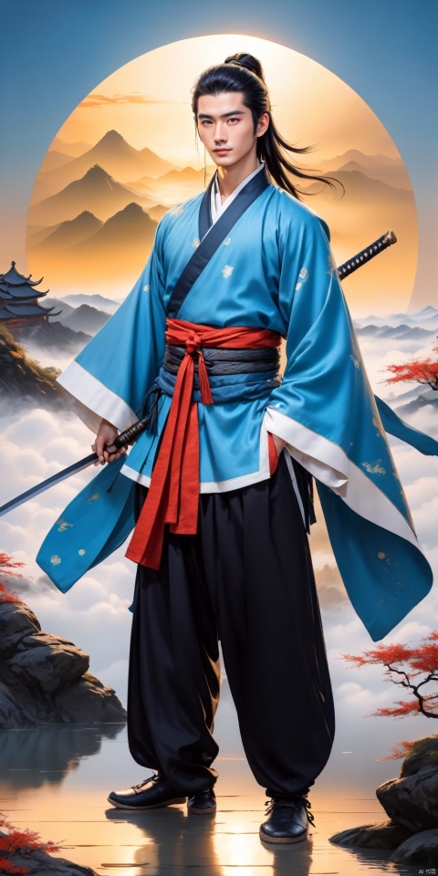 A young man with sword eyebrows and starry eyes, handsome face, exquisite facial features, bright eyes, tall nose bridge, black hair, flowing long hair, high ponytail, black wrist guard, ancient style, cultivation style, blue Taoist robe, exquisite Chinese Hanfu, long pants, Chinese cloth boots, blue sky, perfect figure, exquisite muscles, floating flying sword beside him, exquisite Chinese long sword, standing on the mountaintop, shrouded in clouds and mist, shining with lightning, The style of ink painting, master's work, high-definition 8k