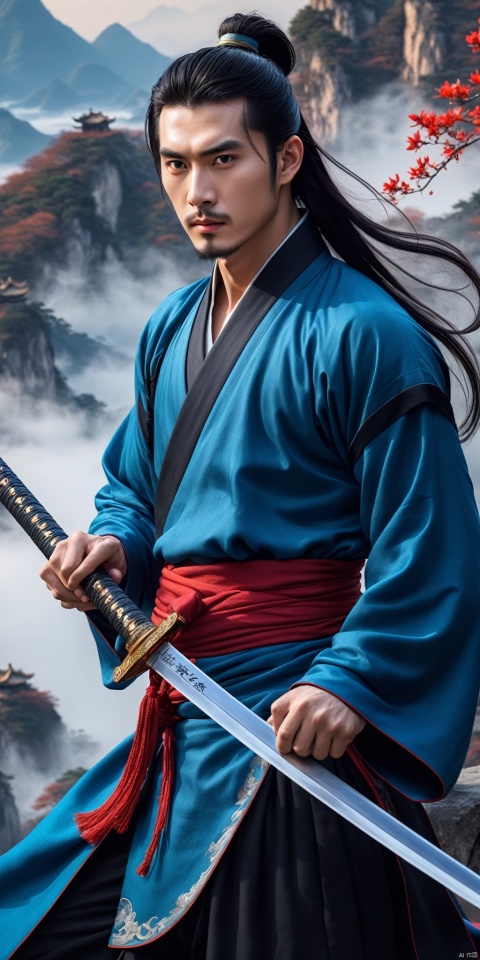 A young man with sword eyebrows and starry eyes, handsome face, exquisite facial features, bright eyes, tall nose bridge, black hair, flowing long hair, high ponytail, black wrist guard, ancient style, cultivation style, blue Taoist robe, exquisite Chinese Hanfu, long pants, Chinese cloth boots, blue sky, perfect figure, exquisite muscles, floating flying sword beside him, exquisite Chinese long sword, standing on the mountaintop, shrouded in clouds and mist, shining with lightning, The style of ink painting, master's work, high-definition 8k