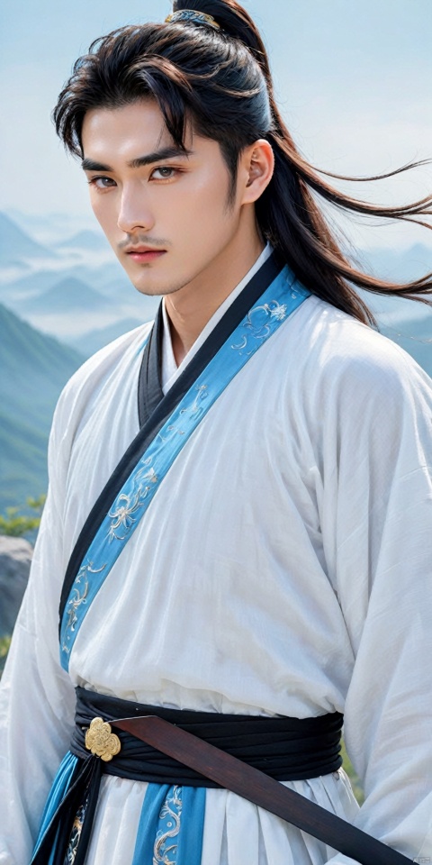 A young man of the Sword Eyebrow Star order, with white eyebrows, a white eyebrow hero, a handsome face, exquisite facial features, bright eyes, a tall and straight nose bridge, jet black hair, flowing long hair, a tall ponytail, black wrist guard, ancient style, cultivation style, blue robe, exquisite Chinese Hanfu, Chinese chivalrous cloth boots, black boots, blue sky, perfect figure, exquisite muscles, holding a large knife, exquisite Chinese big knife, Standing on the mountaintop, shrouded in clouds and mist, sparkling with electric light, ink style, master level work, movie stills, high-definition picture quality, 24K, HanFu Man, 666K