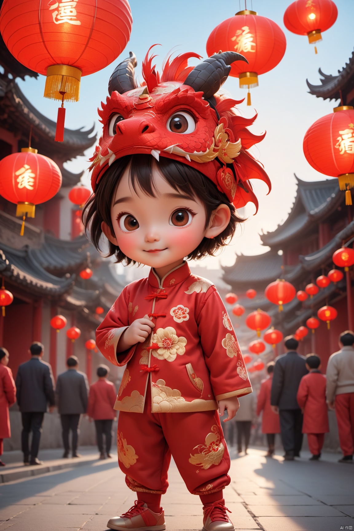  Spring Festival, the red theme, the atmosphere of the spring festival, the little girl wearing a dragon hat, sitting on a red Chinese dragon, the little girl in the blessing, fireworks in the night sky, the night sky dyed colorful. Red Lanterns hung on either side of the window, a festive atmosphere. The bustling crowds on the streets, full of excitement and joy and excitement, celebrate the festival. High-definition artwork, New Year&#039;s Eve, fireworks in the night sky, Red Lanterns, busy streets, celebrations