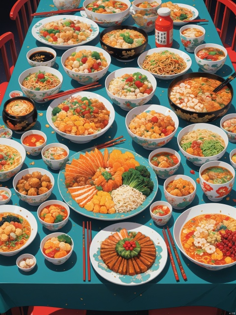 A table displaying pictures of all the food, in the style of anime art, featuring ultra fine details, colorful art, 2D cartoon realism, rich color art illustrations, Chinese punk, conceptual art, and close-up shots,