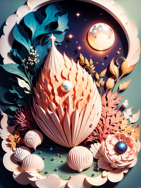 A CG rendering of many beautiful pale pink large shells and pale colour conch shells on the beach with a ring of sparkling rosettes, as crystal clear as glass. transparent colored Colorful stones,transparent,glittering,The moonlight shines on the snow-white beach, the blue sea, pearls, super details, fireflies, light effects, fairyland romance: 1" by thomas kinkade, Krenz and victo nagi, cgsociety trends, soft light, super wide-angle, distant view, fairy tale, fantasy, 8K HD wallpaper: 1 piece, Oversaturation, People, Signature, Blur, Depth of Field HD 16k,Paper Cuttings style,