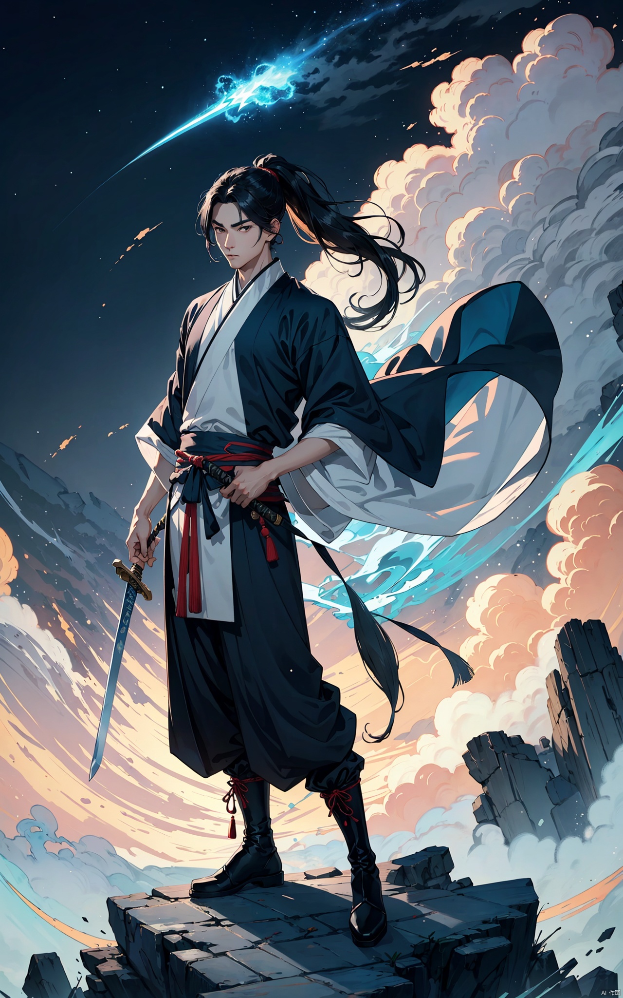 A young man with sword eyebrows and starry eyes, handsome face, exquisite facial features, bright eyes, tall nose bridge, black hair, flowing long hair, high ponytail, black wrist guard, ancient style, cultivation style, blue Taoist robe, exquisite Chinese Hanfu, long pants, Chinese cloth boots, blue sky, perfect figure, exquisite muscles, floating flying sword beside him, exquisite Chinese long sword, standing on the mountaintop, shrouded in clouds and mist, shining with lightning, The style of ink painting, master's work, high-definition 8k