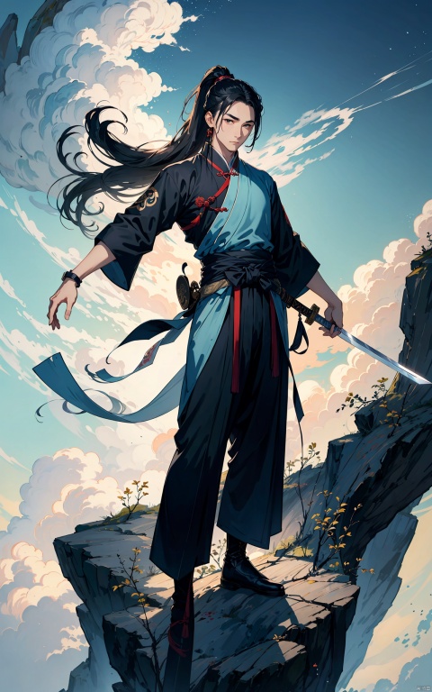 A young man with sword eyebrows and starry eyes, handsome face, exquisite facial features, bright eyes, tall nose bridge, black hair, flowing long hair, high ponytail, black wrist guard, ancient style, cultivation style, blue Taoist robe, exquisite Chinese Hanfu, long pants, Chinese cloth boots, blue sky, perfect figure, exquisite muscles, floating flying sword beside him, exquisite Chinese long sword, standing on the mountaintop, shrouded in clouds and mist, shining with lightning, The style of ink painting, master's work, high-definition 8k