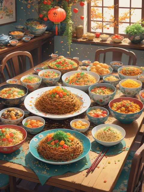 an image showing all of the food on a table, in the style of anime art, ultrafine detail, colorful washes, tangled nests, cartoon realism, chinapunk, concept art --ar 4:5