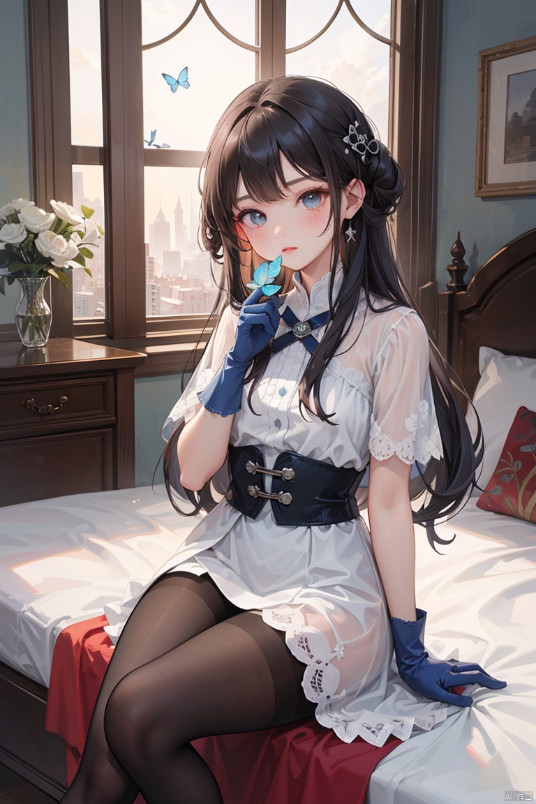  A woman in white dress sits on the bed with a butterfly on her arm, a detailed painting, Fan Qi, soft lighting, fantasy, Kikukawa Yingzan, sots art, rococo, with long hair and blue gloves, sitting cross-legged on the bed, Du Qiong, pantyhose