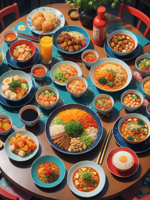 A picture showcasing all the food on the dining table, including various beverages, ingredients, close-up shots, using the style of anime art, with ultra fine details, colorful anime, colorful tableware, colorful visuals, 2D illustrations, color art, cartoon realism, Chinese punk, and conceptual art,