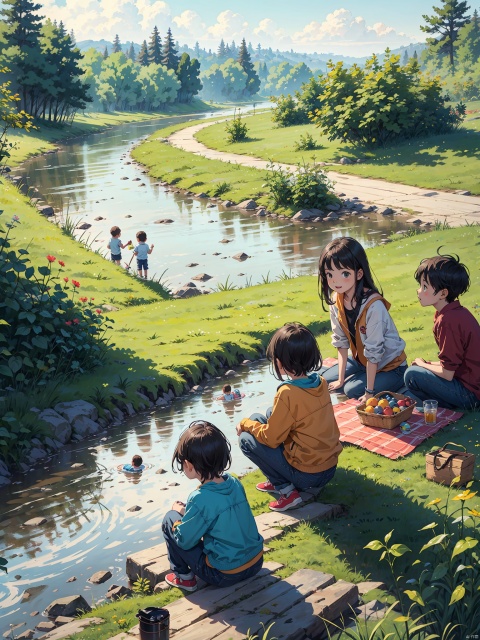 A group of children on Children's Day play on a prairie picnic with a river in the background