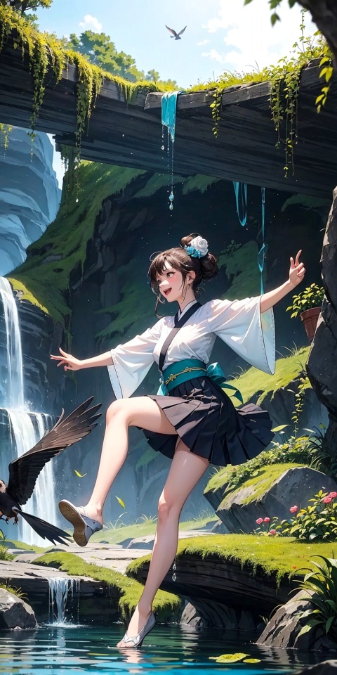 High detail, high precision, bright colors, sunshine, scorching sun, blue sky, (character, a little fairy dancing gracefully in the forest, laughing, dancing on the tree trunk, holding a flower in one hand, shaped like a rose with roots, black brown hair, flying hair bun, ponytail, long hair flowing, hair bun decorated with flowers, short sleeved Hanfu, short skirt, clothes and skirts made of flowers and bird feathers), scene, In the dark cave, with a cool color tone, a dripping karst cave, smooth stones, yellow stones, the cave is full of stalactites. All stalactites are semi transparent, like crystals of various colors. There is a pool on the ground, and fish swim in the pool. The edge of the pool is covered with moss, which sprouts hair like mini flower stems