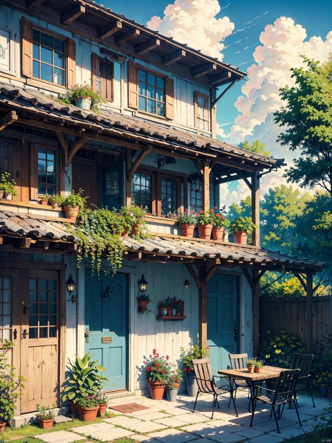 No one, scenery, old house, yard, doors, windows, chairs, tables, trees, plants, potted plants, clouds, blue sky, sky, outdoor,