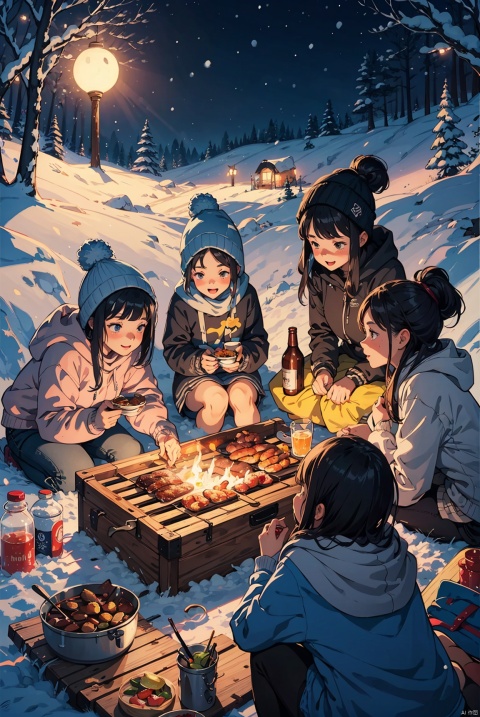 (5 girls watching and playing with each other), whole body (Laurie: 1.2), camping, picnicking, barbecue, barbecue, winter, snow, night, children's illustrations, masterpiece, best quality,