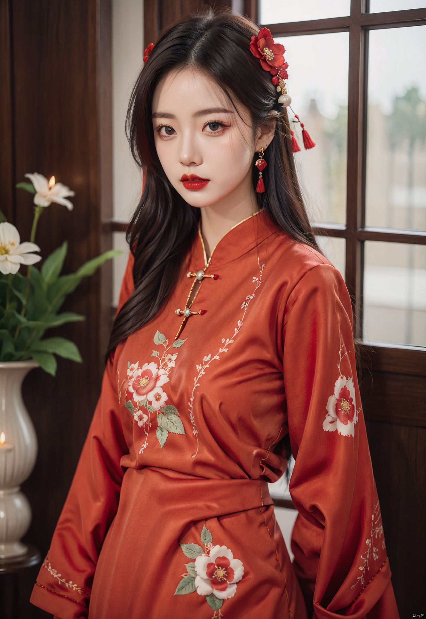 1girl, hair ornament, solo, flower, hair flower, candle, earrings, jewelry, black hair, black eyes, blurry, lips, red lips, looking at viewer, tassel, depth of field, makeup, realistic,(red_clothes:1.5),chinese clothes, floral print, cowboy shot
