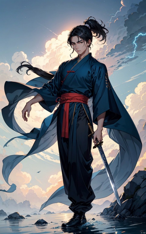 A young man with sword eyebrows and starry eyes, handsome face, exquisite facial features, bright eyes, tall nose bridge, black hair, flowing long hair, high ponytail, black wrist guard, ancient style, cultivation style, blue Taoist robe, exquisite Chinese Hanfu, long pants, Chinese cloth boots, blue sky, perfect figure, exquisite muscles, floating flying sword beside him, exquisite Chinese long sword, standing on the mountaintop, shrouded in clouds and mist, shining with lightning, The style of ink painting, master's work, high-definition 8k