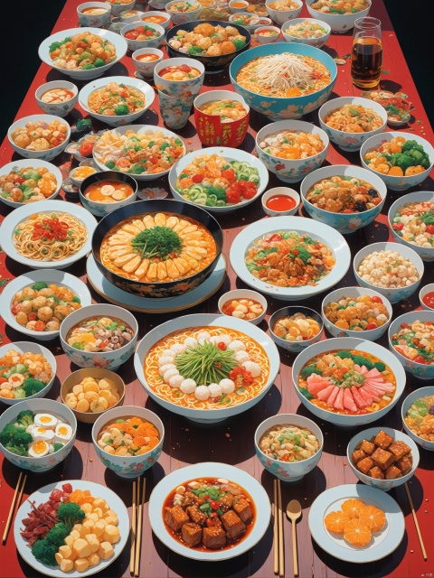 A table displaying pictures of all the food, in the style of anime art, featuring ultra fine details, colorful art, 2D cartoon realism, rich color art illustrations, Chinese punk, conceptual art, and close-up shots,