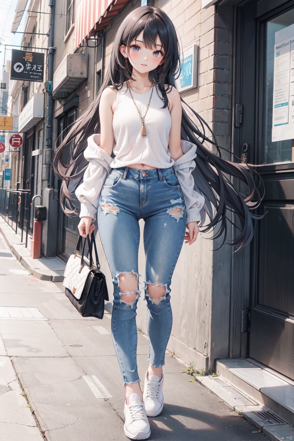 Sexy sleeveless translucent wide fashion sweater, long hair, medium chest, sexy hip exposed ultra-short jeans, slender legs, bare legs, sneaker, full body image