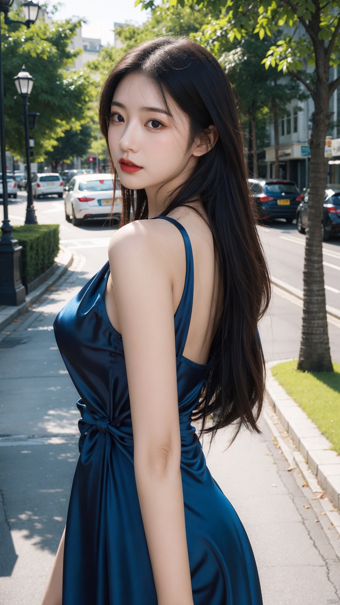 Ridiculous, high resolution, super detailed, (1 young beautiful girl, solo: 1.1), wearing a blue silk evening dress, sunshine, (busy: 0.8)