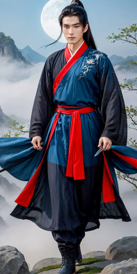 A young man of the Sword Eyebrow Star order, with white eyebrows, a white eyebrow hero, a handsome face, exquisite facial features, bright eyes, a tall and straight nose bridge, jet black hair, flowing long hair, a tall ponytail, black wrist guard, ancient style, cultivation style, blue robe, exquisite Chinese Hanfu, Chinese chivalrous cloth boots, black boots, blue sky, perfect figure, exquisite muscles, holding a large knife, exquisite Chinese big knife, Standing on the mountaintop, shrouded in clouds and mist, sparkling with electric light, ink style, master level work, movie stills, high-definition picture quality, 24K, HanFu Man, 666K