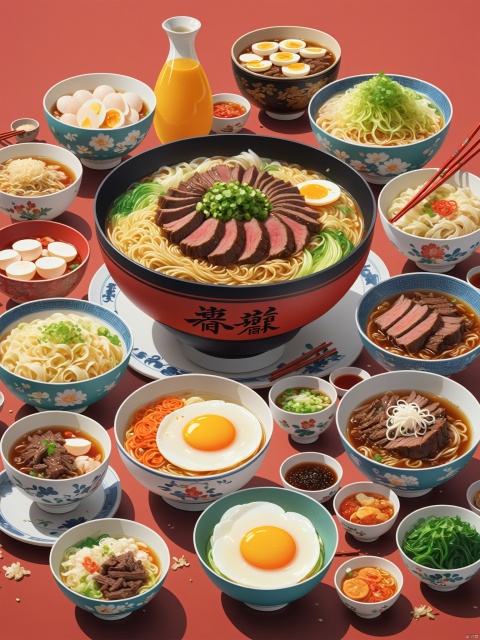 There are many dishes and drinks on one table, cartoon style, colorful cartoon stills, 2D illustrations, a large bowl of egg and beef noodles in the middle, various ingredients, and many small bowls of pickled Chinese cabbage beside, rich color art illustrations,