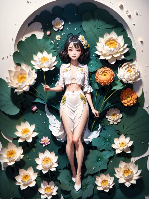 Lotus, big lotus, big lotus petals, densely packed large lotus leaves and big lotus flowers, a small boat in the lotus pond. The girl sits on the wooden boat with her head lowered and eyebrows lowered, her left hand protruding from the white lotus petals, and her right hand carrying her back. The huge white lotus petals make up the top, with neat curled hair and a ball shaped head, without any broken hair. The light blue silk long skirt, which is 2 meters long, sways in the wind and floats in the air, Paper Cuttings style,