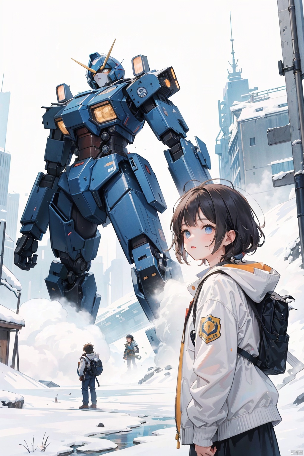 (A girl and a boy in the middle, with a giant mecha behind them, typesetting) (Snow Mountain) Spectacular, Cosmic, Combat, Mission, Belief, Peace, Ruins, Battle Damage, mecha destroyed, mecha shattered and incomplete, boy with injuries, Brave, Fighting
