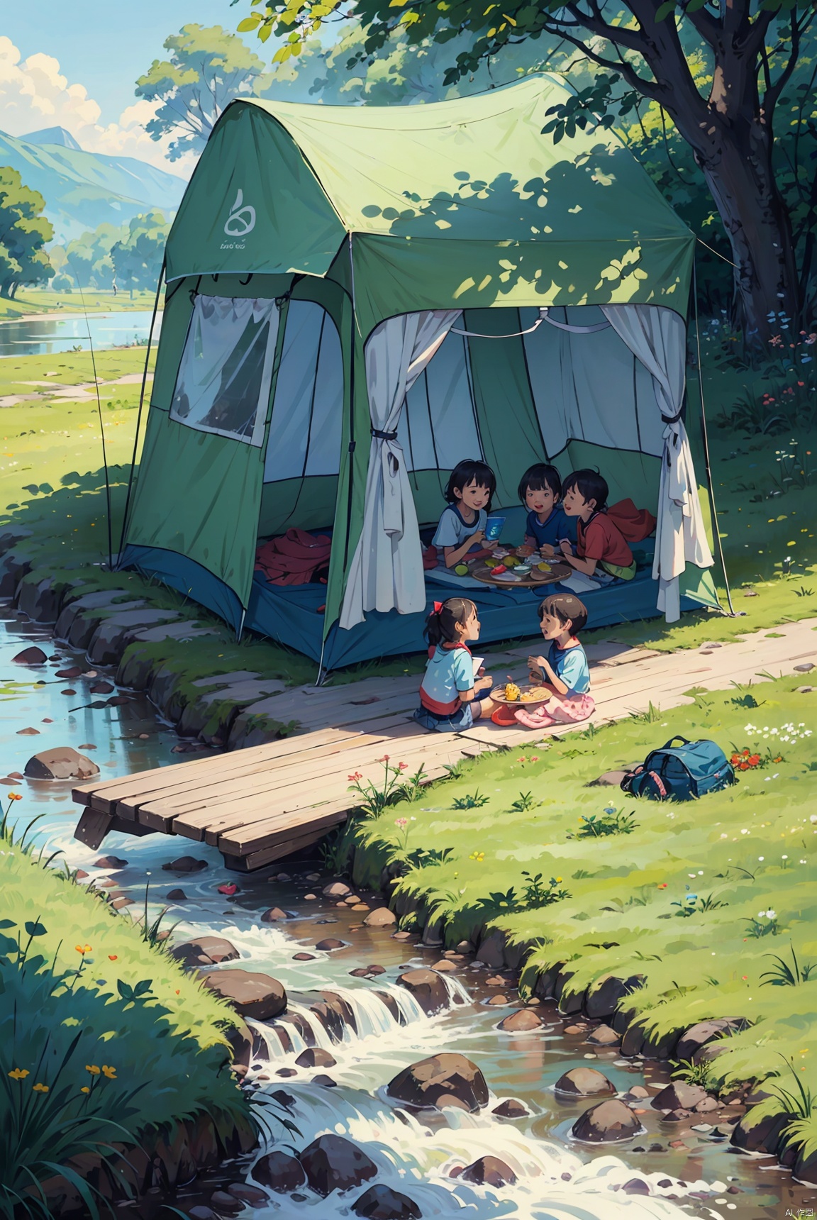 On International Children's Day, a group of children were having a picnic on the grassland. The children were very happy. The tent, the butterfly, the background was a river, and there were fishermen by the river