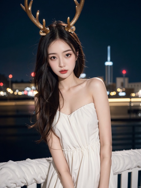 1girl,christmas,bare shoulders,antlers,(cowboy shot close-up),standing,exquisite eyes,night,cityscape,snowing,striped stockings,elegant posture,(an extremely delicate and beautiful),(best quality),((masterpiece)),intricate detail,(masterpiece, high quality, best quality),