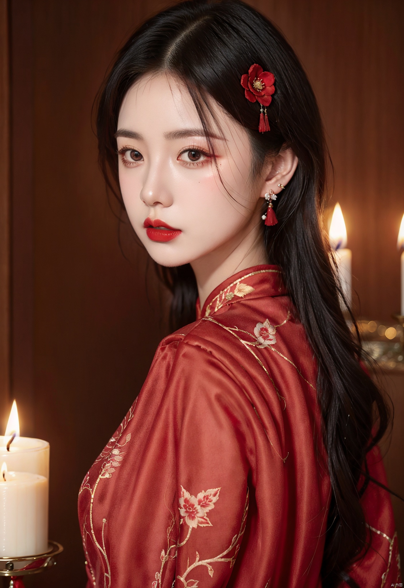 1girl, hair ornament, solo, flower, hair flower, candle, earrings, jewelry, black hair, black eyes, blurry, lips, red lips, looking at viewer, tassel, depth of field, makeup, realistic,(red_clothes:1.5),chinese clothes, floral print, cowboy shot
