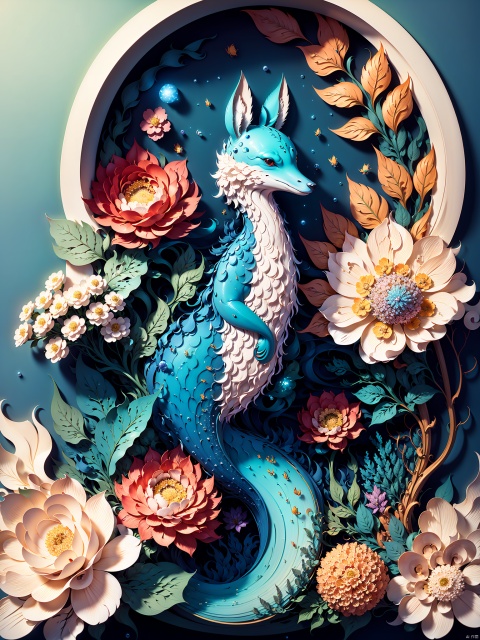 Marmaid, blue, foam, singing, master's work, best quality, (very detailed CG unified 8k wallpaper), (best quality), (best illustration), (best shadow), luminous spirit, luminous deer, Japanese theme elements. Mysterious deep sea, beautiful ocean, surrounded by flowers, delicate leaves and branches surrounded by fireflies (natural elements), (jungle theme), (crystals), (pearls), (clouds and mist), (particle effects) and other 3D, Octane rendering, ray tracing, ultra fine -- v6,Paper Cuttings style,