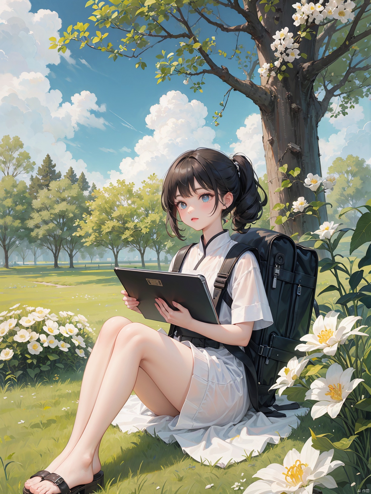  (Masterpiece), (Best Quality), Children's Illustration, Line Stroke, 1 cute girl, blue pupils, curly brown hair, holding a book, backpack, tablet, sitting on the grass, looking at the sky, clouds, donuts, white flowers, detailed details,, A ink painting of a tranquil orchard with Chinese writing on it and a pair of birds building their nest, with a fruit-laden branch in the foreground, An Zhengwen, organic painting, a minimalist painting, art & language, ink and wash,