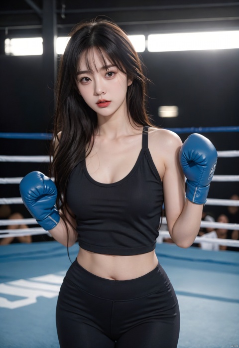 long hair, jewelry, 1girl, looking at viewer, blurry background, solo focus, bangs,yoga clothes, yoga pants,Oblique Angle of view,
Boxing gloves, boxing ring,
pointy breasts,framed breasts