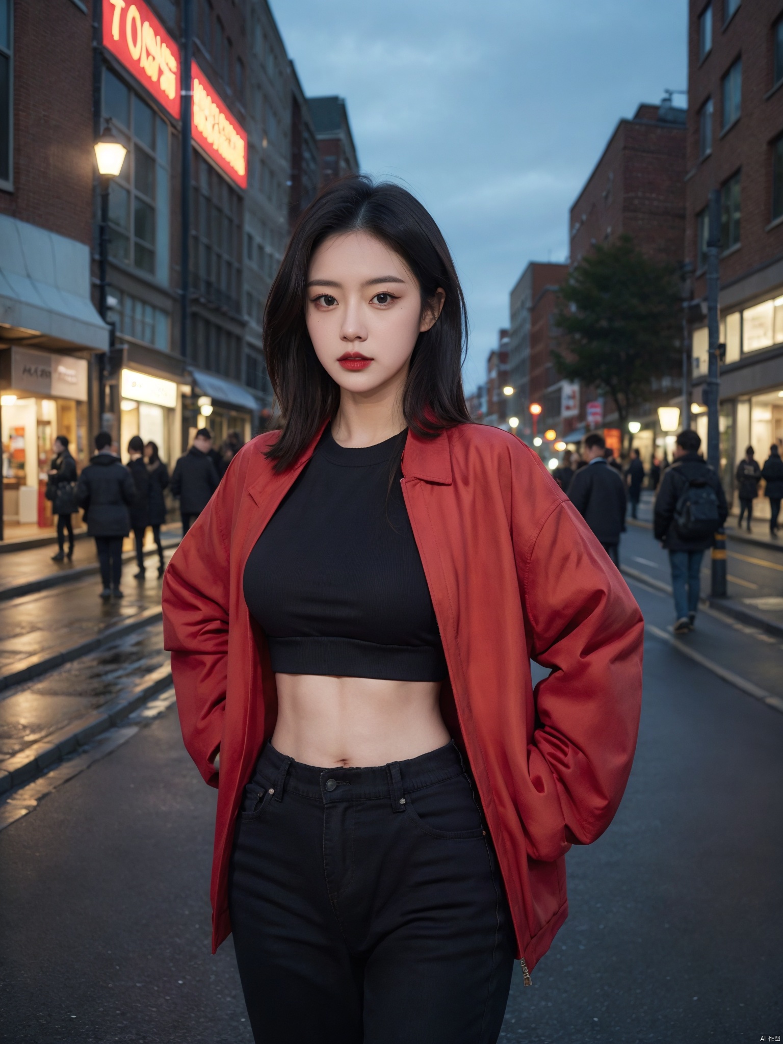 A woman wearing a red jacket and a black top stands on the street at night, with her hands on her hips