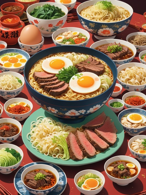 There are many dishes and drinks on one table, cartoon style, colorful cartoon stills, 2D illustrations, a large bowl of egg and beef noodles in the middle, various ingredients, and many small bowls of pickled Chinese cabbage beside, rich color art illustrations,