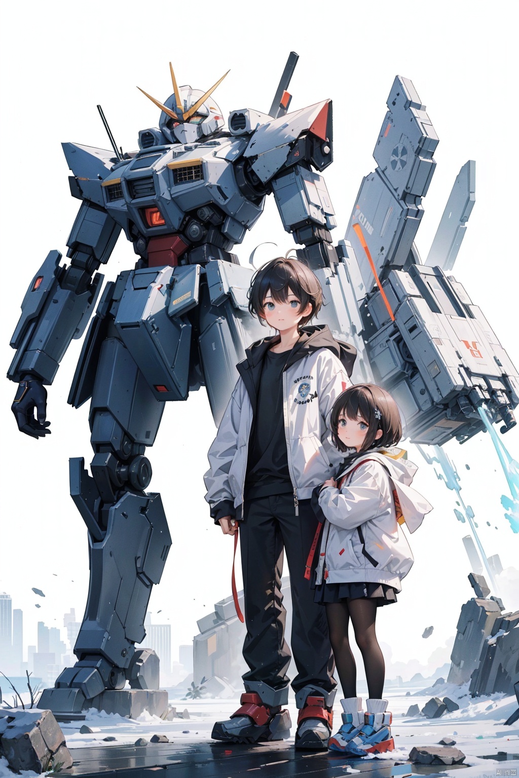 (A girl and a boy in the middle, with a giant mecha behind them, typesetting) (Snow Mountain) Spectacular, Cosmic, Combat, Mission, Belief, Peace, Ruins, Battle Damage, mecha destroyed, mecha shattered and incomplete, boy with injuries, Brave, Fighting