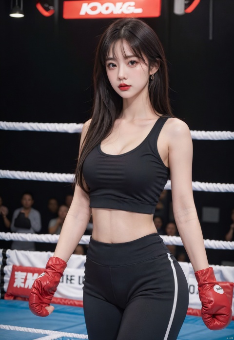 long hair, jewelry, 1girl, looking at viewer, blurry background, solo focus, bangs,yoga clothes, yoga pants,Oblique Angle of view,
Boxing gloves, boxing ring,
pointy breasts,framed breasts