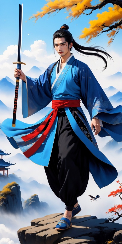 A young man with sword eyebrows and starry eyes, handsome face, exquisite facial features, bright eyes, tall nose bridge, black hair, flowing long hair, high ponytail, black wrist guard, ancient style, cultivation style, blue Taoist robe, exquisite Chinese Hanfu, long pants, Chinese cloth boots, blue sky, perfect figure, exquisite muscles, floating flying sword beside him, exquisite Chinese long sword, standing on the mountaintop, shrouded in clouds and mist, shining with lightning, The style of ink painting, master's work, high-definition 8k