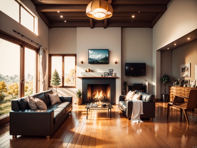 Forest Loft, Premium sofa, Genuine leather white blanket, Warm flames beat in the fireplace, 24-Inch high definition LCD TV hanging on the wall, Large transparent floor-to-ceiling windows, There are many trees outside, High definition 24k,Paper Cuttings style,