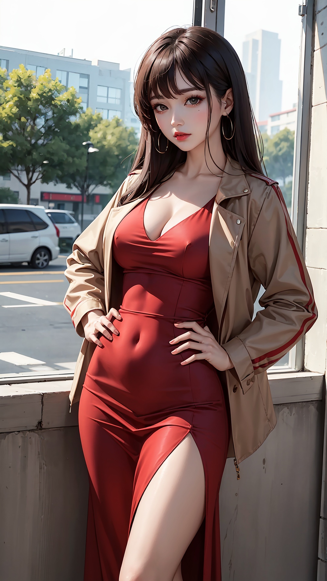 A woman wearing a brown jacket and a red dress posing with her hands on her hips, taking photos. Du Qiong, magazine, photocopy, private publishing house, distant view, 1girl