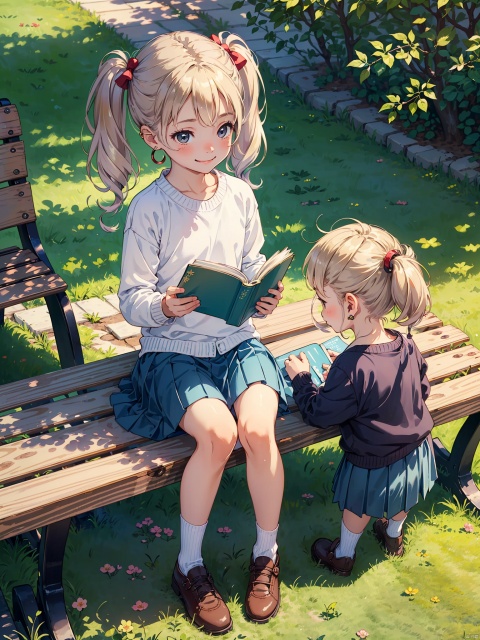 ((A child,small cute plush ball errings,pigtails,jumper skirt,A charming smile,reading picture-story book)),Parks, lawns, cherry trees, benches,masterpiece, best quality,