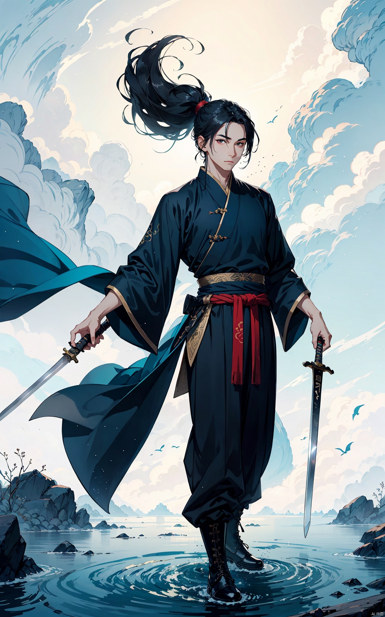 A young man with sword eyebrows and starry eyes, handsome face, exquisite facial features, bright eyes, tall nose bridge, black hair, flowing long hair, high ponytail, black wrist guard, ancient style, cultivation style, blue Taoist robe, exquisite Chinese Hanfu, long pants, Chinese cloth boots, blue sky, perfect figure, exquisite muscles, floating flying sword beside him, exquisite Chinese long sword, standing on the mountaintop, shrouded in clouds and mist, shining with lightning, The style of ink painting, master's work, high-definition 8k