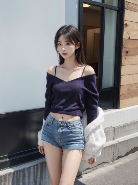 A woman with a tall and slender figure, a purple red vest, off the shoulder, denim shorts, white boots, black hair, medium length hair, no bangs, complete body shape