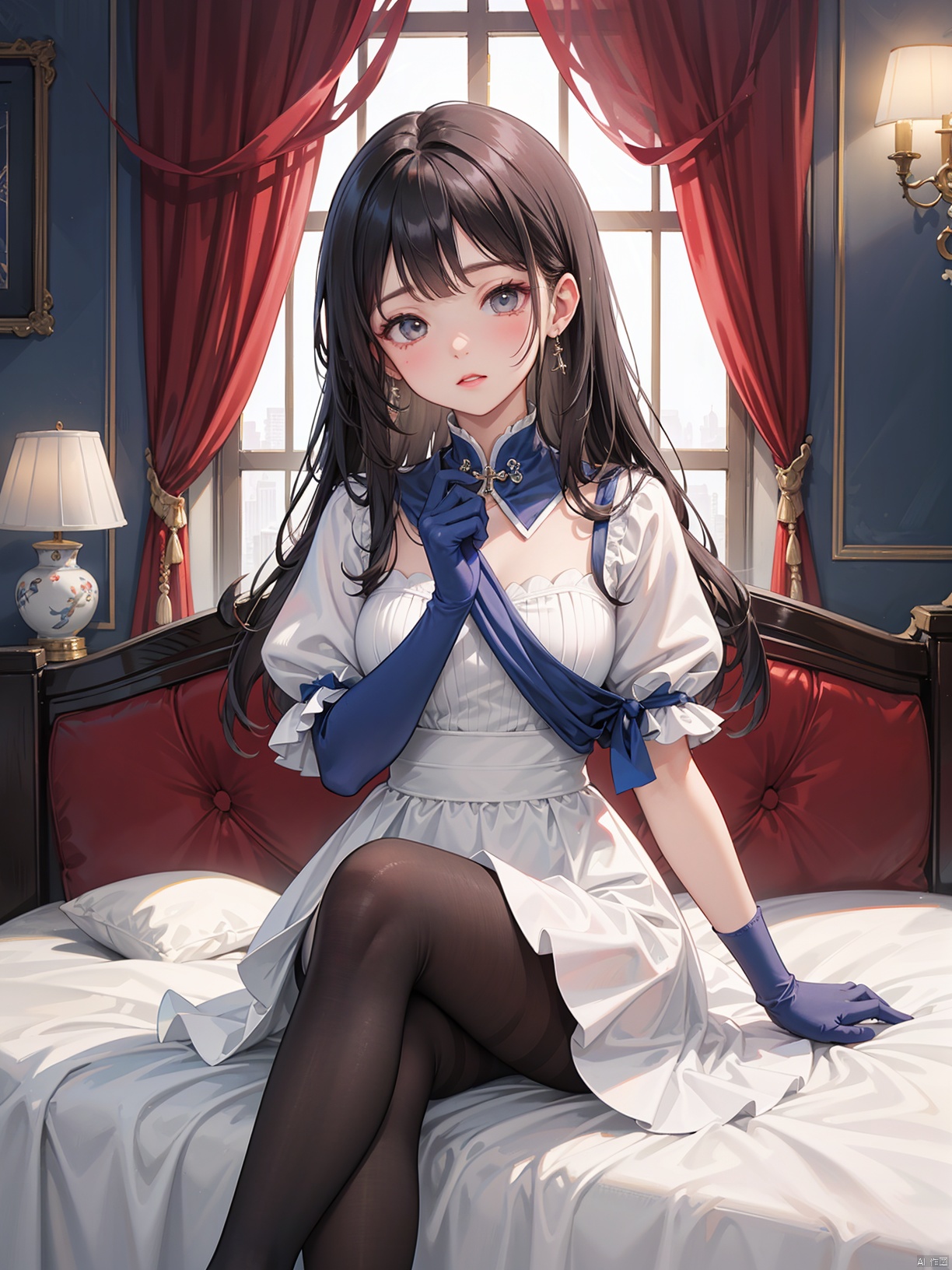  A woman in white dress sits on the bed with a butterfly on her arm, a detailed painting, Fan Qi, soft lighting, fantasy, Kikukawa Yingzan, sots art, rococo, with long hair and blue gloves, sitting cross-legged on the bed, Du Qiong, pantyhose