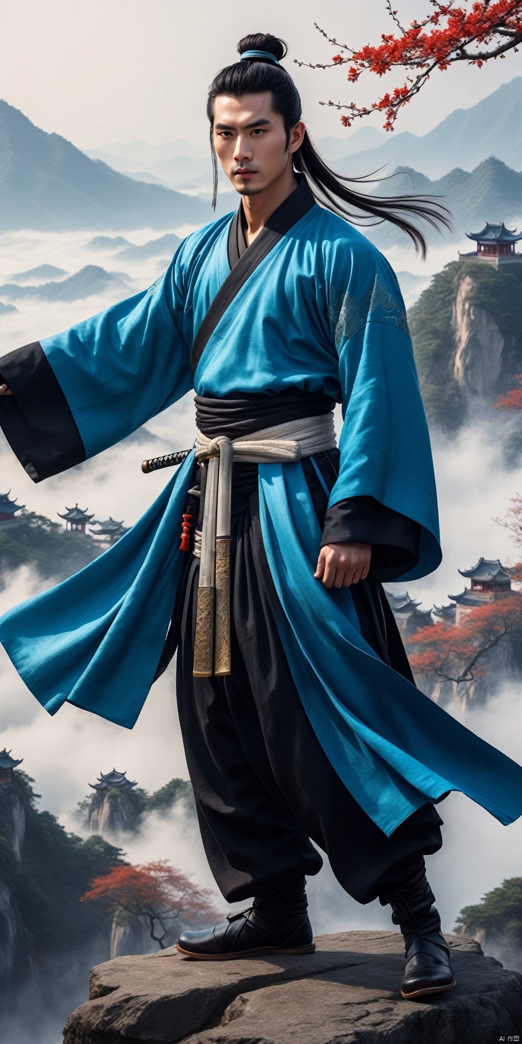 A young man with sword eyebrows and starry eyes, handsome face, exquisite facial features, bright eyes, tall nose bridge, black hair, flowing long hair, high ponytail, black wrist guard, ancient style, cultivation style, blue Taoist robe, exquisite Chinese Hanfu, long pants, Chinese cloth boots, blue sky, perfect figure, exquisite muscles, floating flying sword beside him, exquisite Chinese long sword, standing on the mountaintop, shrouded in clouds and mist, shining with lightning, The style of ink painting, master's work, high-definition 8k