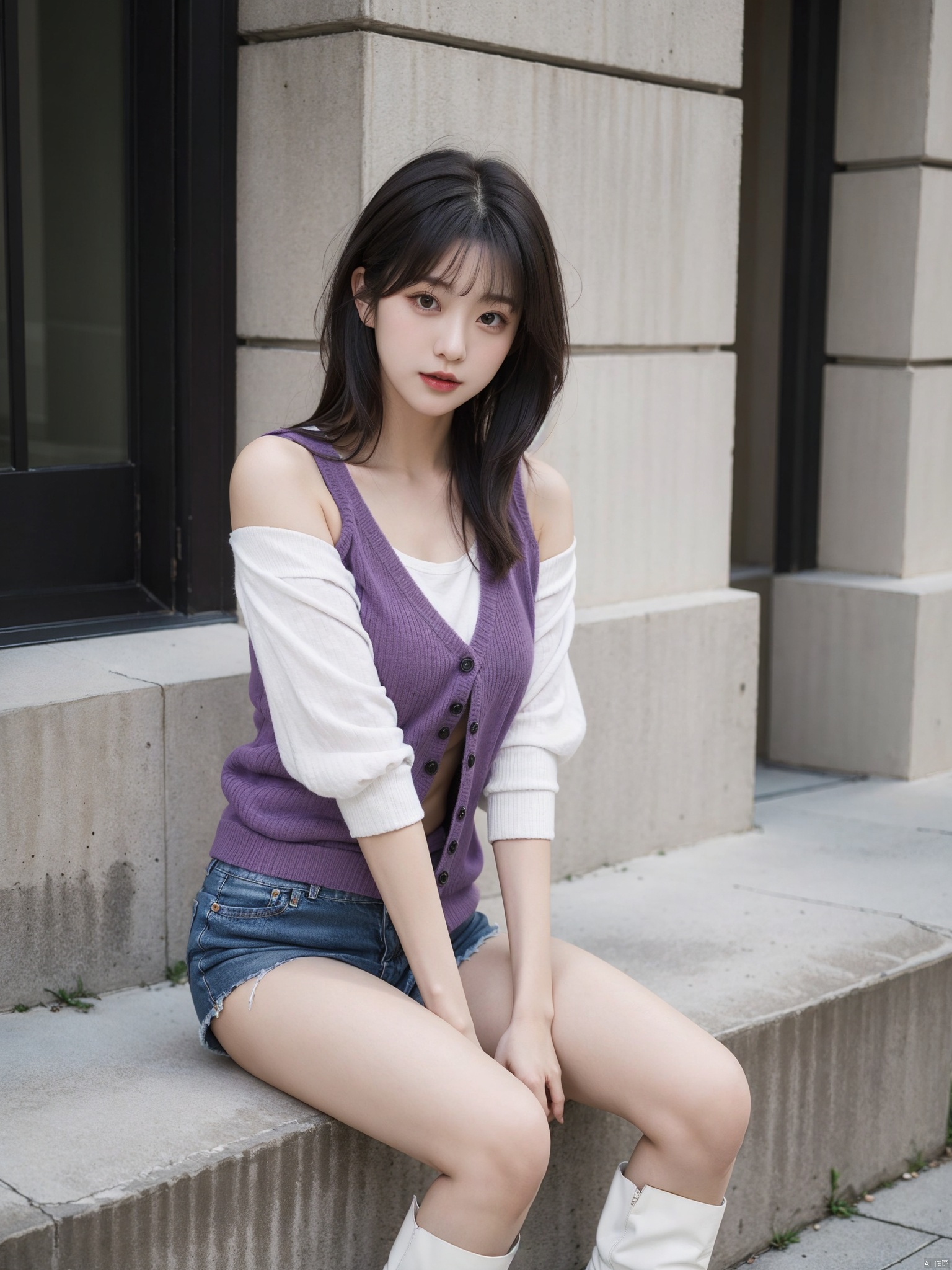 A woman with a tall and slender figure, a purple red vest, off the shoulder, denim shorts, white boots, black hair, medium length hair, no bangs, complete body shape