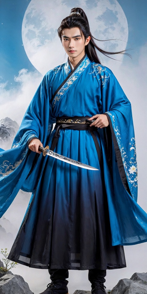 A young man of the Sword Eyebrow Star order, with white eyebrows, a white eyebrow hero, a handsome face, exquisite facial features, bright eyes, a tall and straight nose bridge, jet black hair, flowing long hair, a tall ponytail, black wrist guard, ancient style, cultivation style, blue robe, exquisite Chinese Hanfu, Chinese chivalrous cloth boots, black boots, blue sky, perfect figure, exquisite muscles, holding a large knife, exquisite Chinese big knife, Standing on the mountaintop, shrouded in clouds and mist, sparkling with electric light, ink style, master level work, movie stills, high-definition picture quality, 24K, HanFu Man, 666K